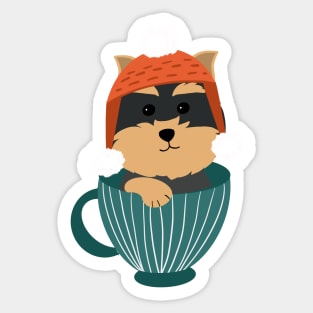 Cute Yorkshire Terrier Puppy In A Cup Merry Christmas Sticker